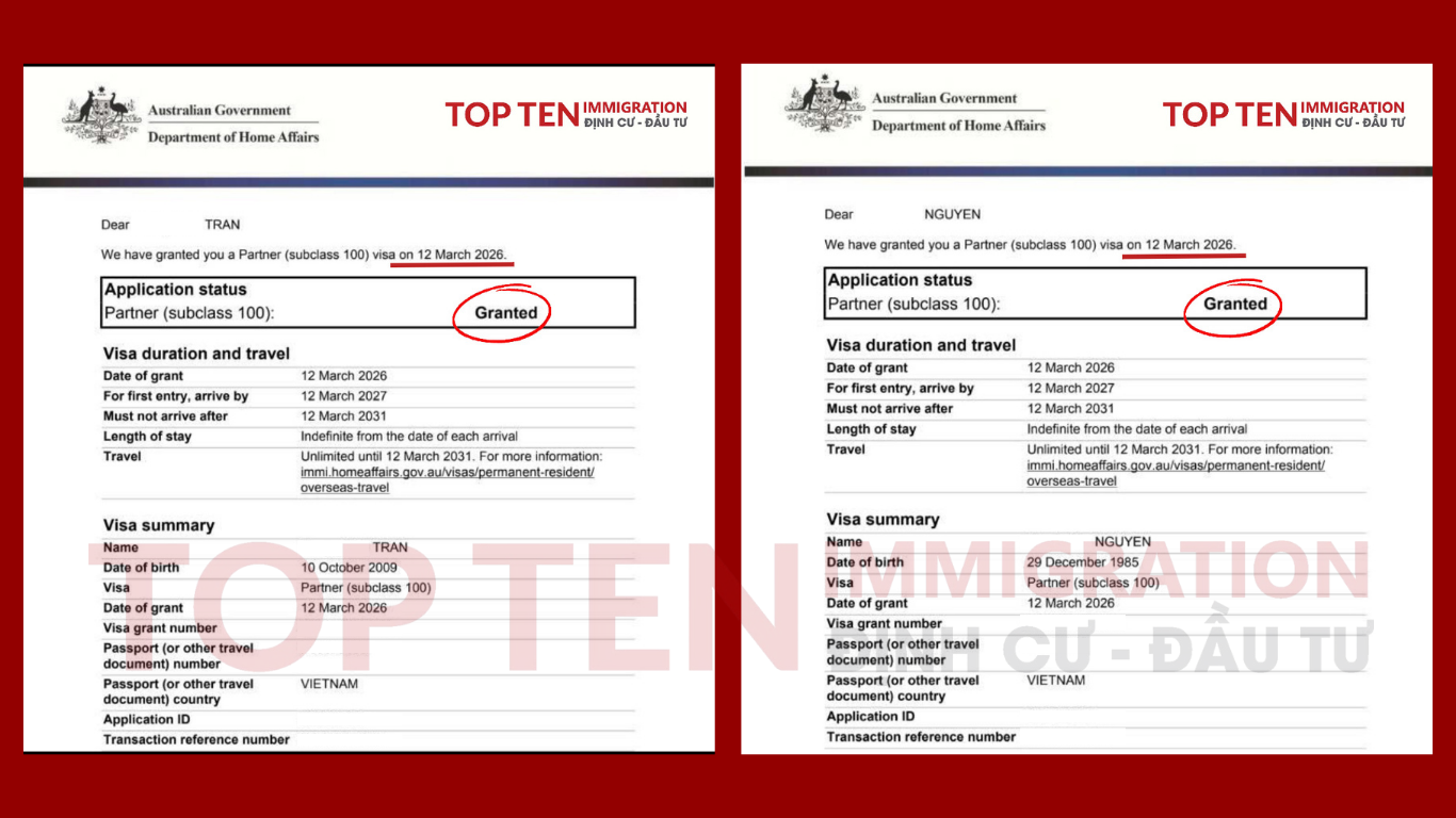 Khách hàng thành công nhận visa 100 Úc (Subclass 100)
